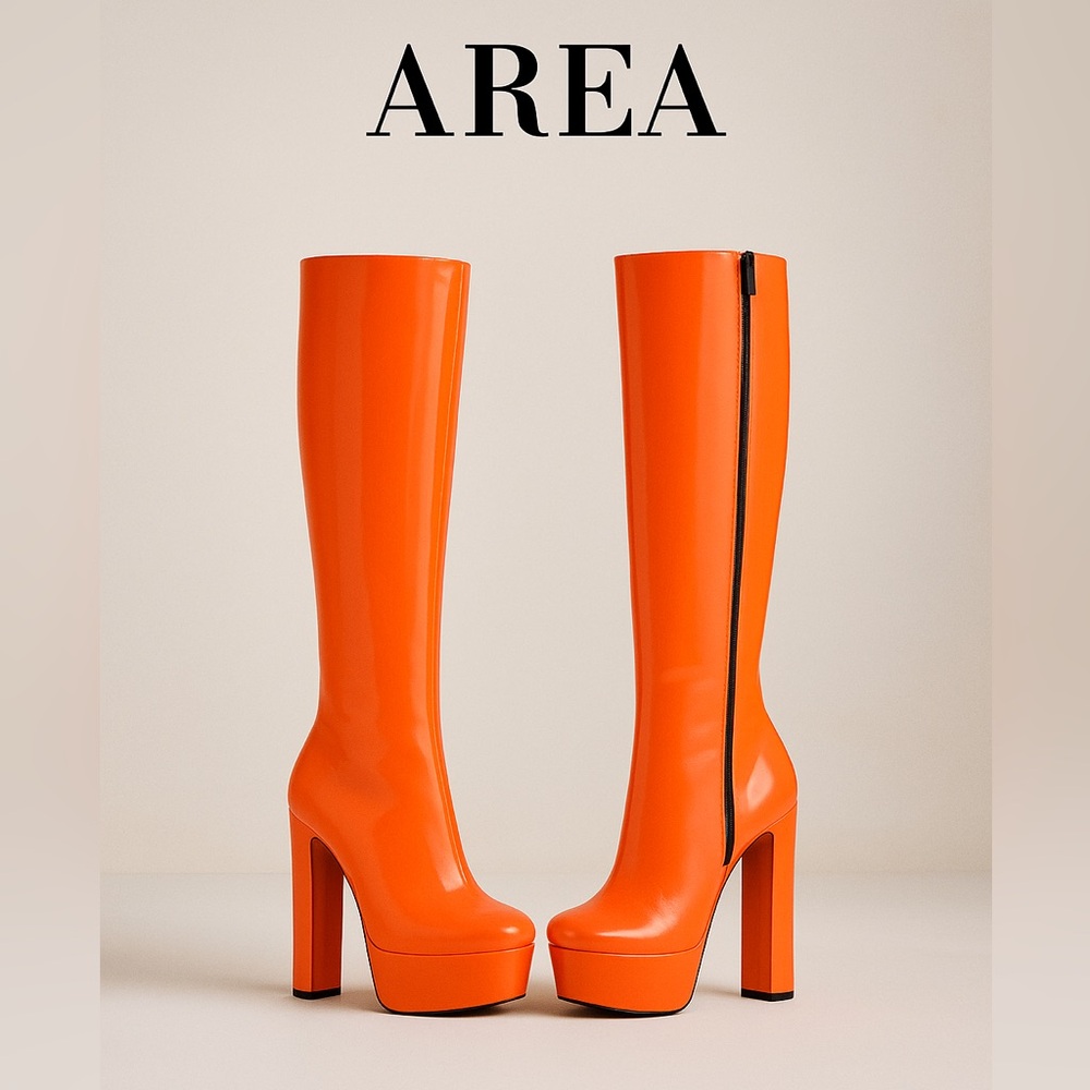 AREA Fluorescent Orange Vinyl Platform Knee-High Boots 6 | Patent| Made in Italy